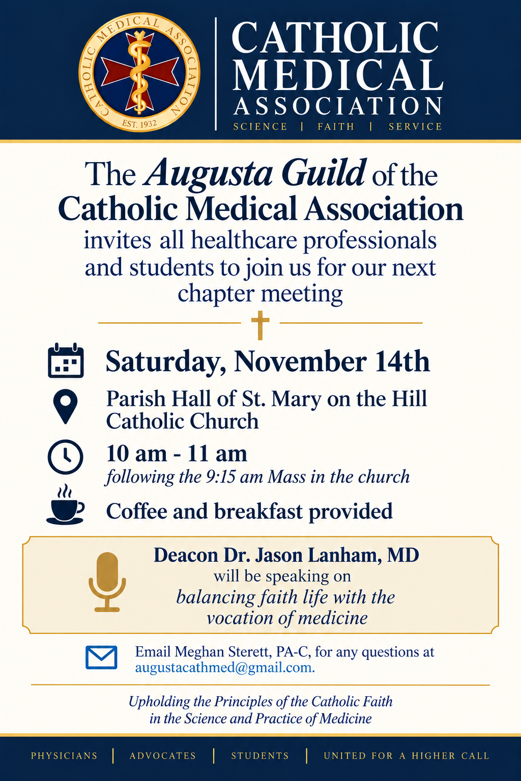 Meeting flyer for Balancing Faith Life with the Vocation of Medicine. The meeting details are provided above.